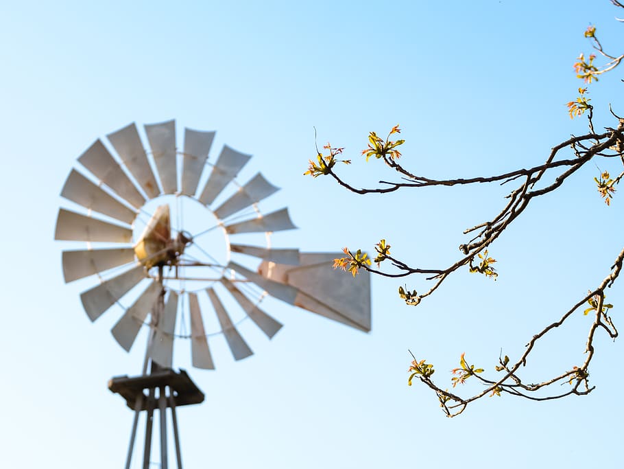 white windmill, engine, wind turbine, machine, motor, blue sky HD wallpaper
