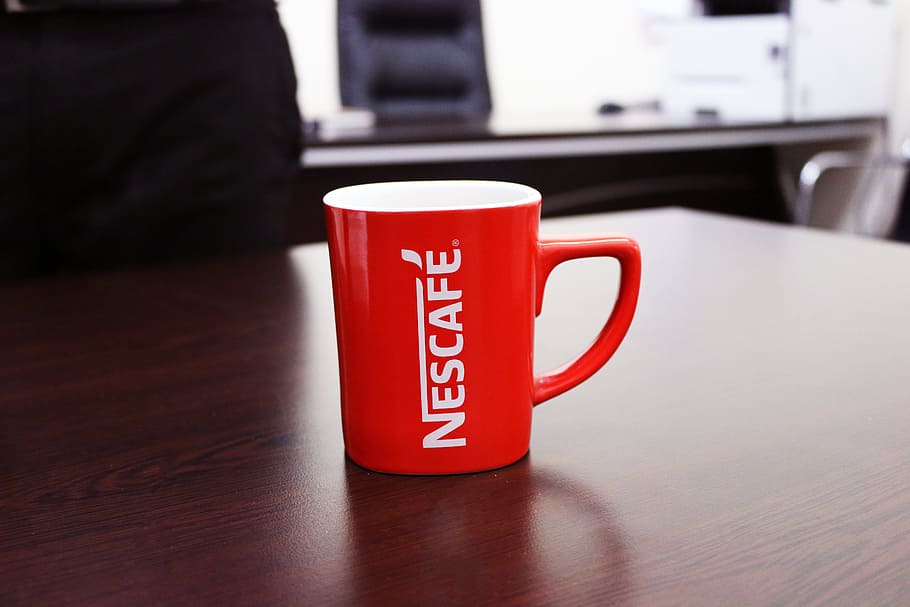 Red and White Nescafe-printed Mug on Brown Wooden Table, breakfast, HD wallpaper