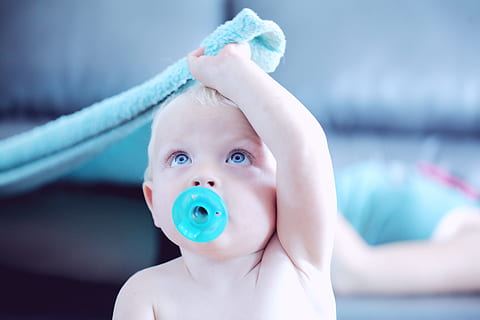 baby with pacifier in mouth, dummy, suck, hand, child, nursery HD wallpaper