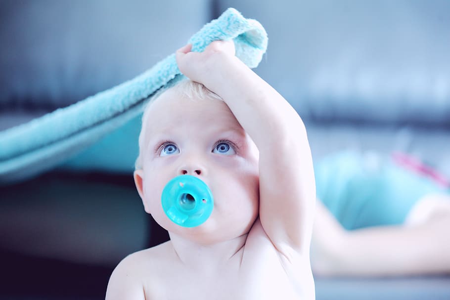 baby with pacifier in mouth, dummy, suck, hand, child, nursery HD wallpaper