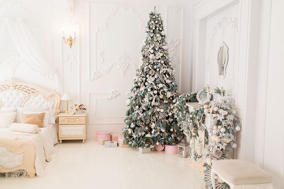 christmas tree, plant, ornament, corner, indoors, living room