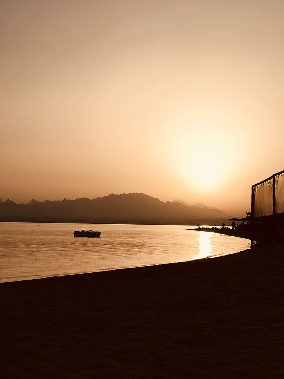 sunset, sea, beach, water, sky, beauty in nature, transportation HD wallpaper