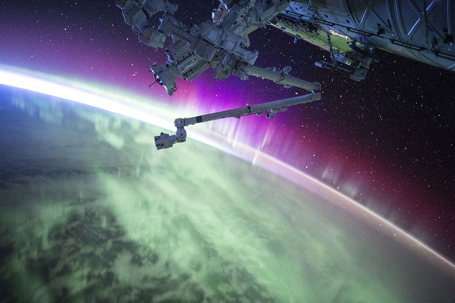 satellite, earth, space, galaxy, gravity, aurora, night, nature HD wallpaper