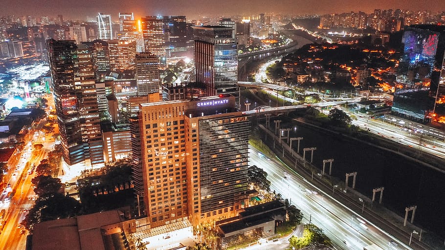 Lighted City At Night, architecture, buildings, citylights, cityscape HD wallpaper