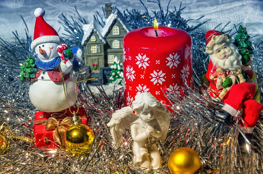 christmas toys, new year's eve, santa claus, candle, fire, snowman, HD wallpaper