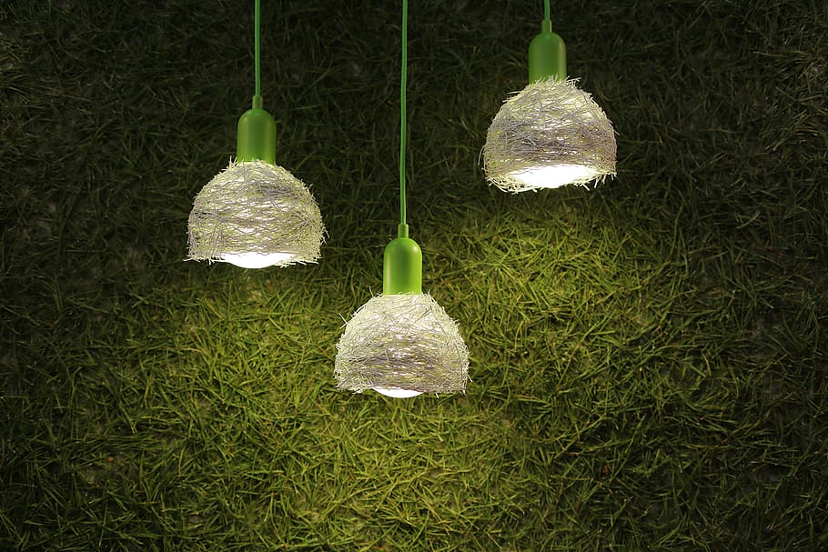 three green-and-white pendant lamps, light, lighting, wall, led, HD wallpaper
