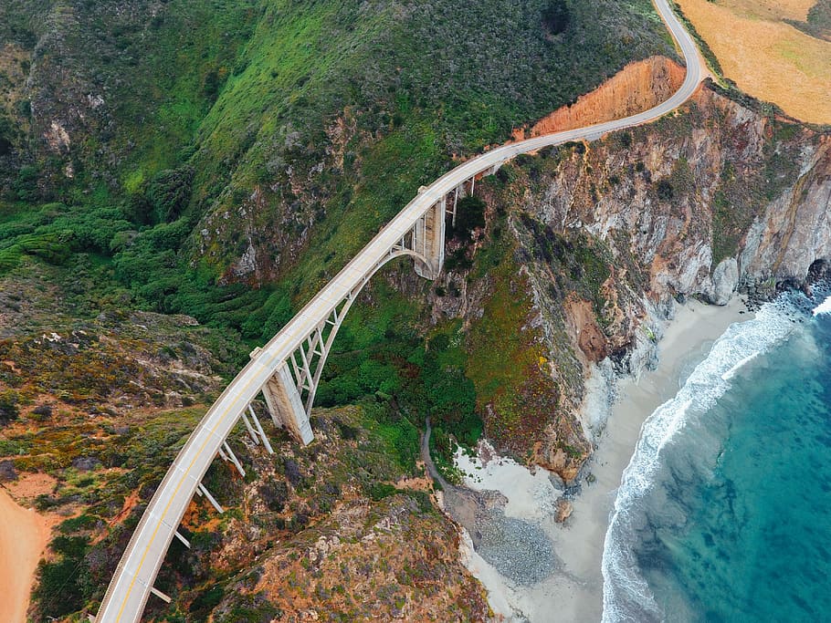 Rainbow Bridge, drone view, aerial view, road, sea, ocean, coast, HD wallpaper