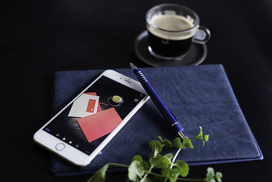 Silver Iphone 6 With Blue Click-pen, coffee, cup, drink, screen HD wallpaper