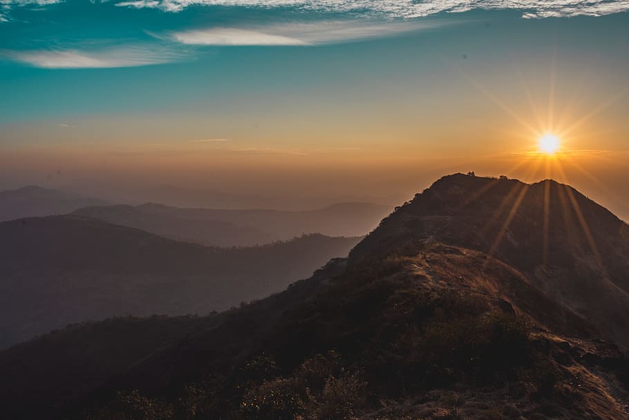 Photography of Mountains During Dawn, afterglow, blue sky, clouds HD wallpaper