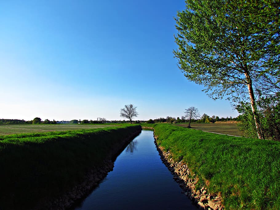 landscape, spring, fields, meadows, nature, green, brook, the brook HD wallpaper