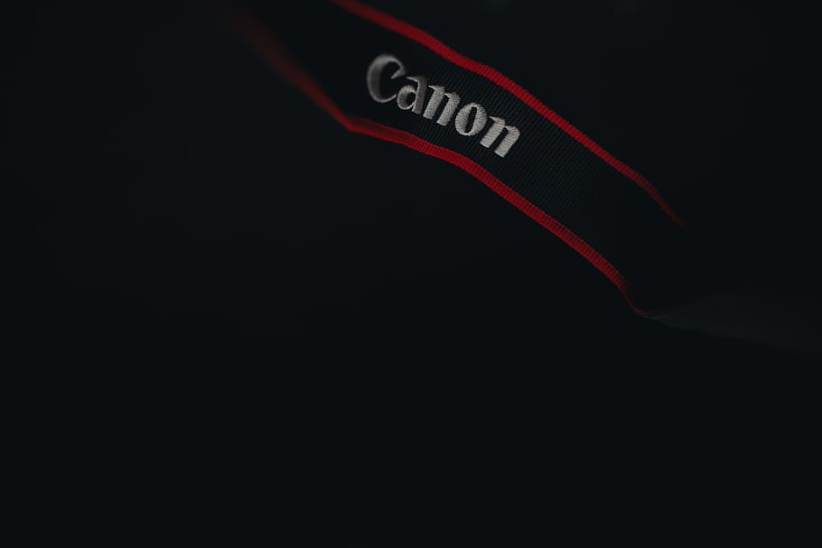 canon, camera strap, black background, western script, studio shot, HD wallpaper