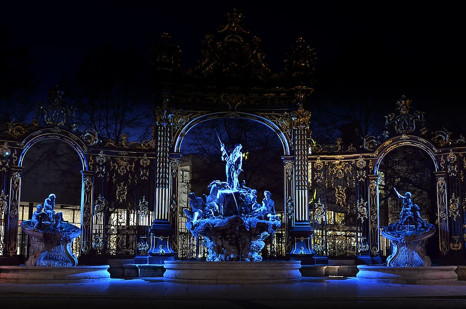 place stanislas, nancy, fountain, neptune, night, blue, history