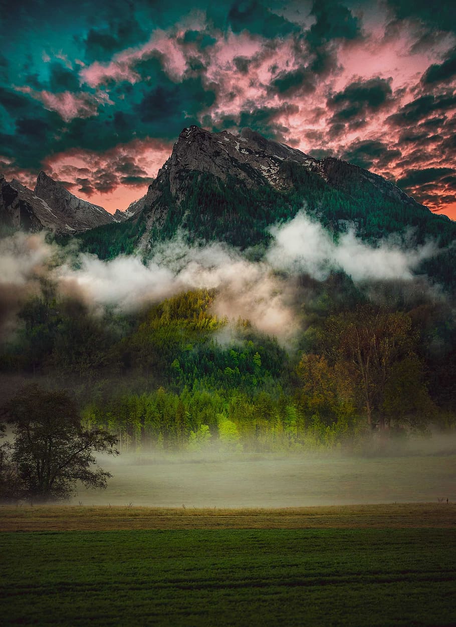 mountain, landscape, nature, clouds, sky, scenic, sunrise, alpine HD wallpaper