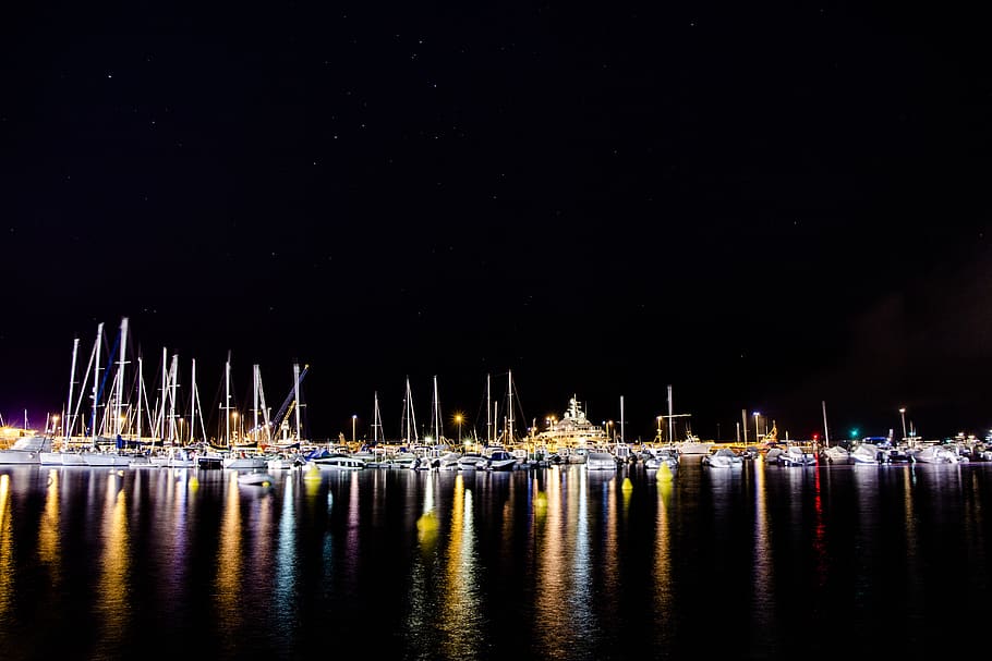spain, palamós, lights, harbor, boats, reflections, night HD wallpaper