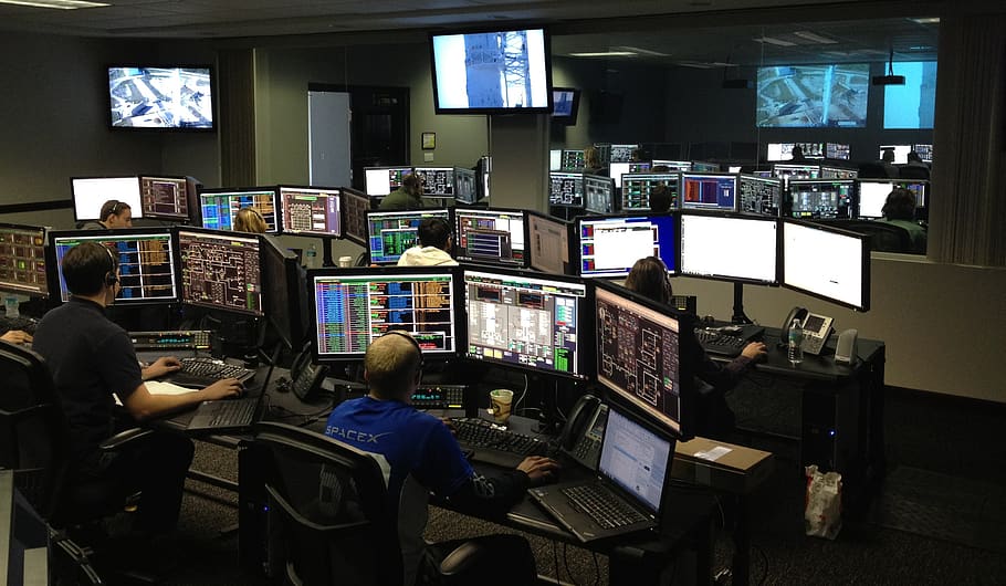 Men Working at Night, connection, control center, desk, displays
