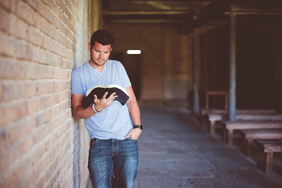 people, man, alone, reading, book, bible, inside, chapel, bench HD wallpaper