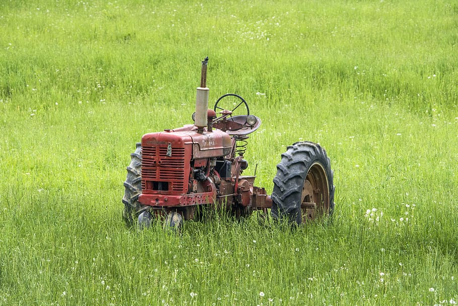 red tractor left in grass field, plant, green color, land, nature HD wallpaper