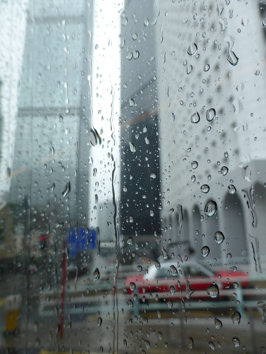 hong kong, central, droplets, rain, skyscraper, bus, taxi, wet HD wallpaper