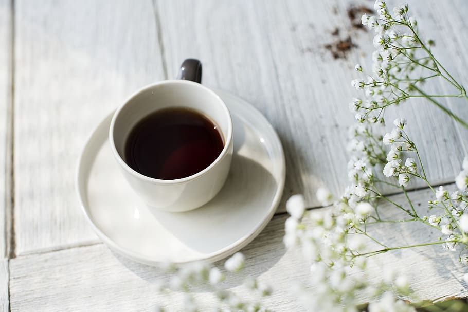 White Baby's Breath Flowers Beside White Cup, americano, aromatic, HD wallpaper