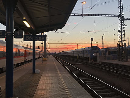 empty train station during golden hour, transportation, vehicle HD wallpaper