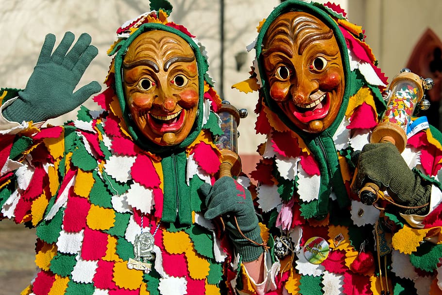 Two Person Wearing Mask Costumes, art, carnival, celebration