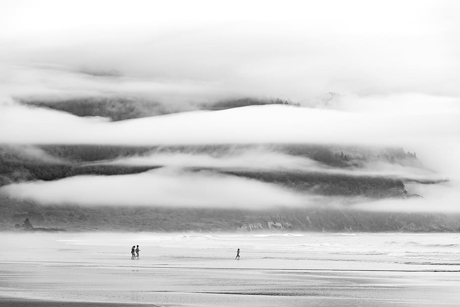 three person standing under white sky, scenics - nature, land HD wallpaper