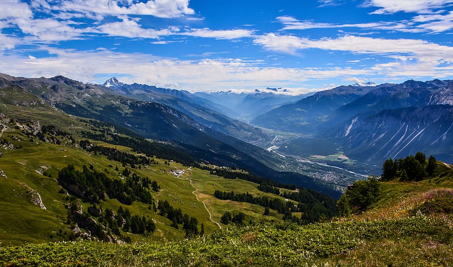mountain, valley, landscape, sky, summer, nature, scenic, clouds HD wallpaper
