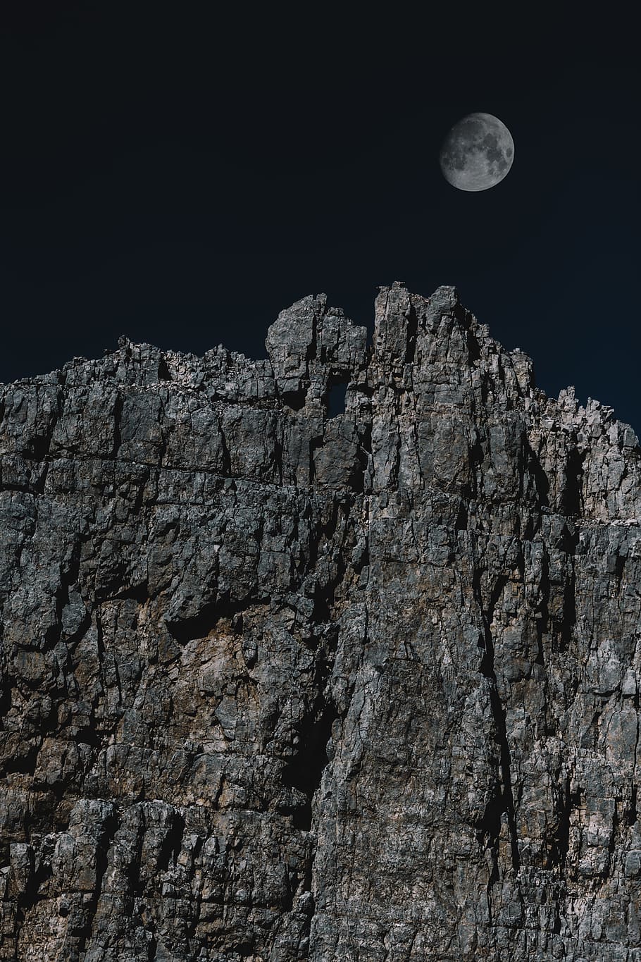 cliff over moon, mountain, rock, nature, sky, night, peak, summit