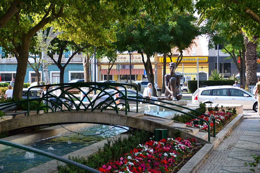 portugal, setúbal municipality, graden, statue, city, plant, HD wallpaper