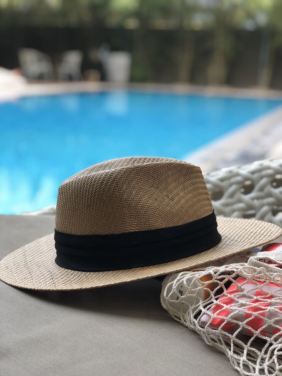 Beige And Black Hat Near Swimming Pool, accessory, poolside, recreation HD wallpaper