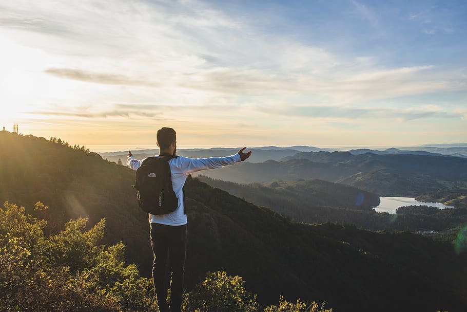 Man Standing Facing Mountains, dawn, landscape, nature, person HD wallpaper