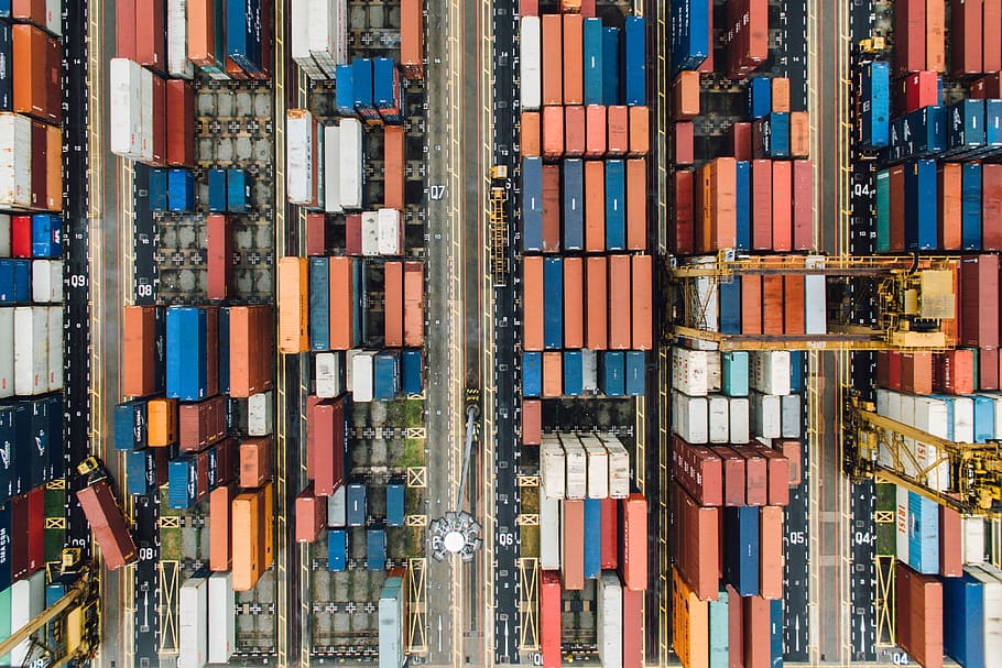 assorted shipping containers in dock, container yard, cargo, aerial view