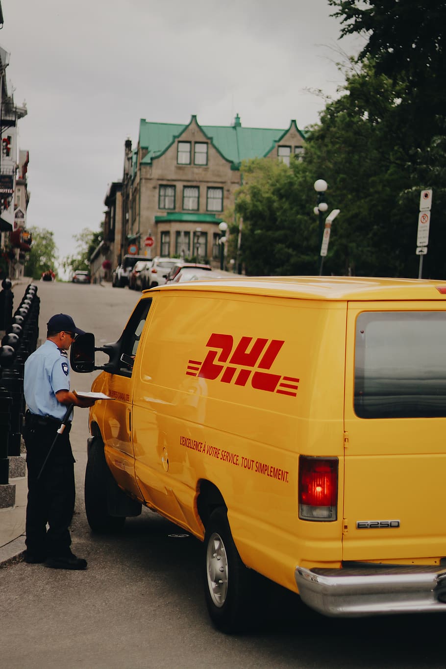 yellow DHL van, man, male, company, logo, postal, postage, mail, HD wallpaper