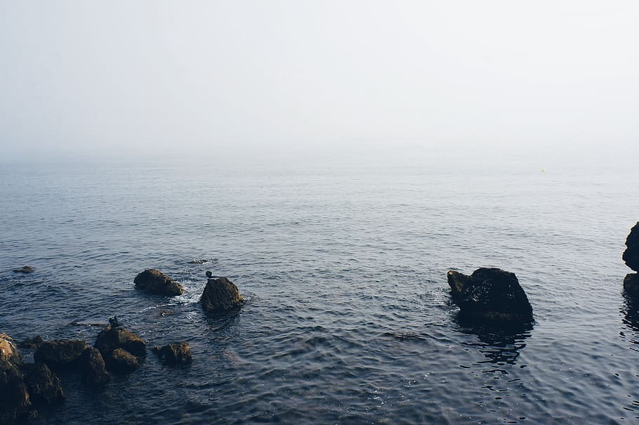 sea, ocean, water, wave, nature, rocks, coast, horizon, sky HD wallpaper