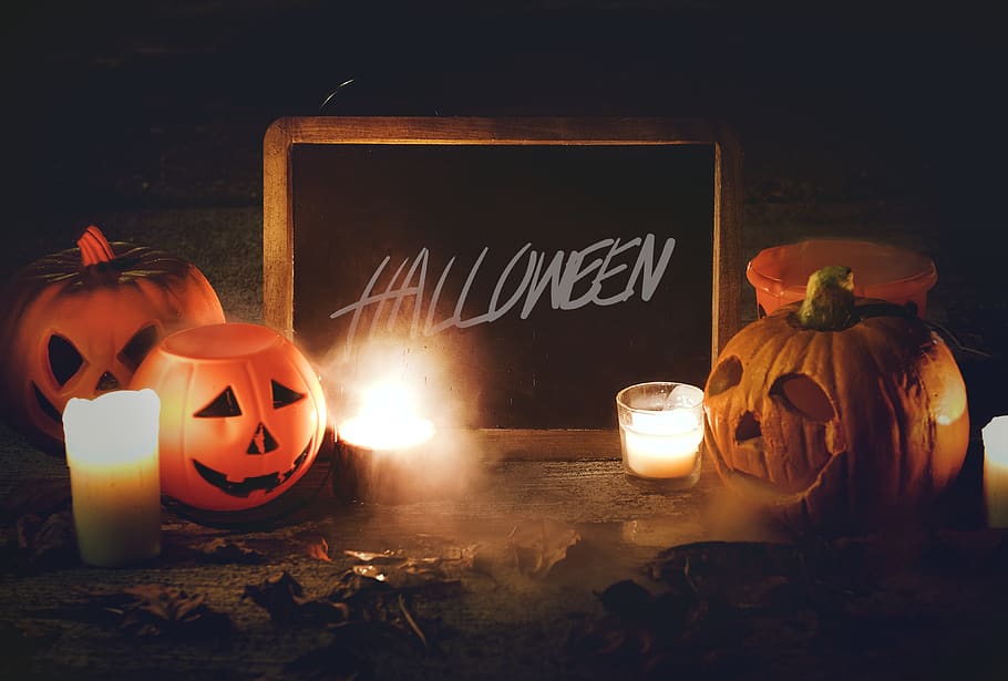 Close-up Photo of Halloween Decors, arrangement, blackboard, candle, HD wallpaper