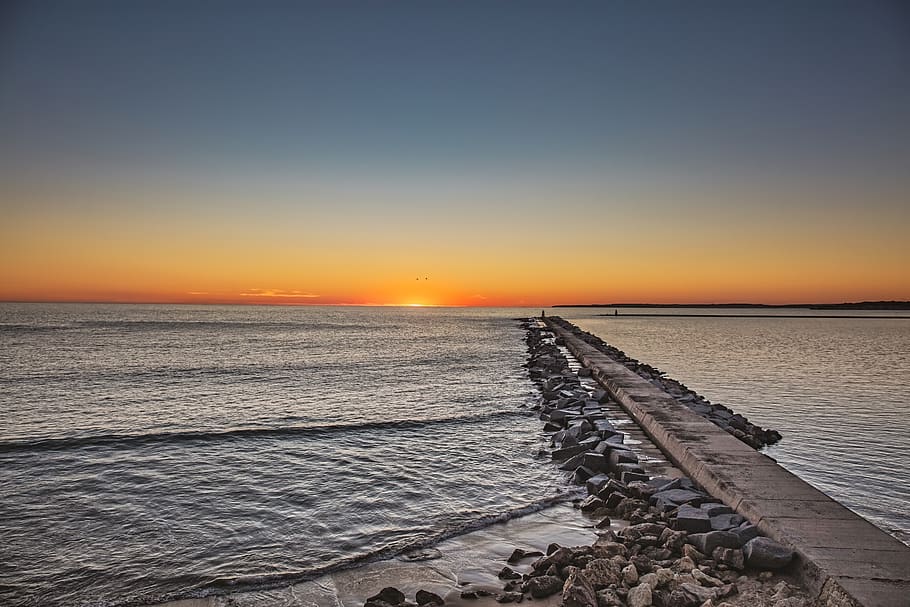 pier, jetty, beach, ocean, sea, dock, sky, sunset, dawn, scenery HD wallpaper