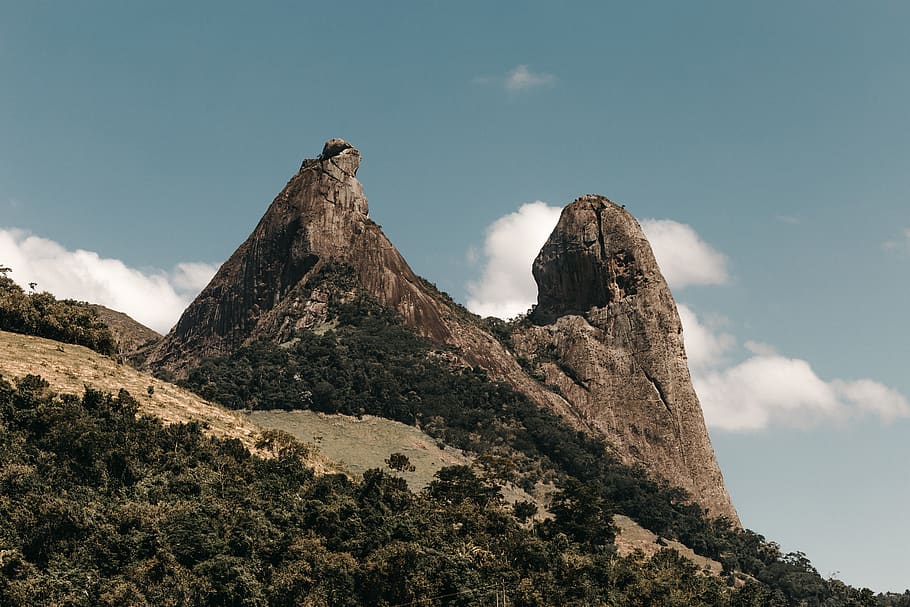 green trees, sky, mountain, rock, low angle view, cloud - sky HD wallpaper