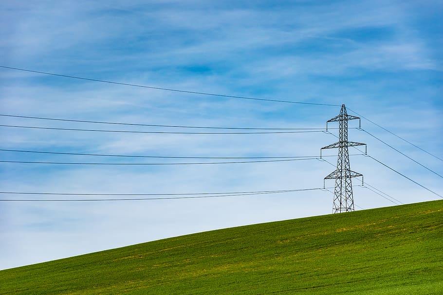 electrical tower on grass field, cable, electricity, technology HD wallpaper