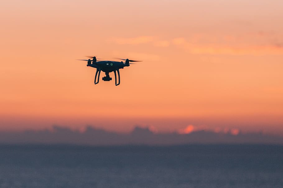 black quadcopter in sky, flying, bird, animal, aircraft, helicopter HD wallpaper