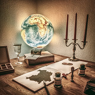 workplace, rustic, ancient, map, globe, tusche indian ink, old HD wallpaper