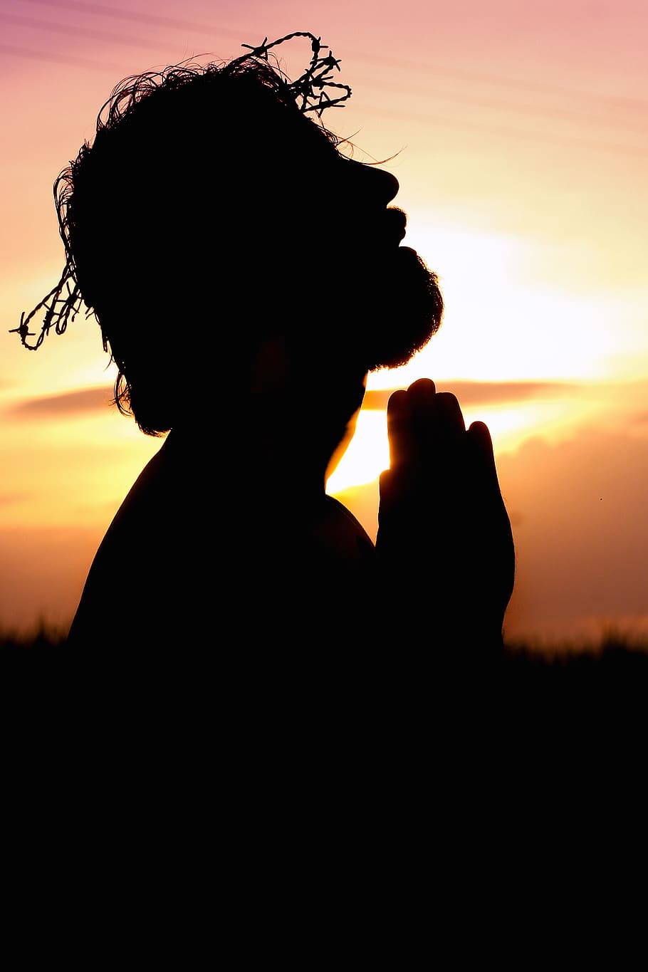Silhouette Image of Person Praying, adult, background, backlit