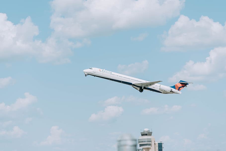 airplane flying, delta, aeroplane, cloud, sky, airport, control tower