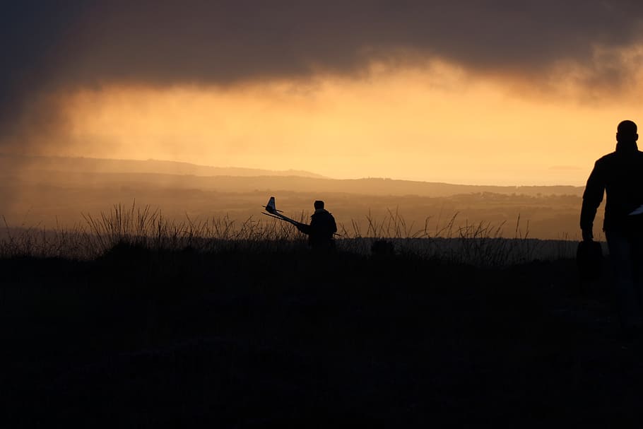 evening, afterglow, silhouette, model flight, glider pilot HD wallpaper