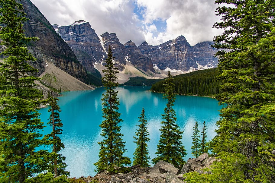 HD wallpaper: lake, mountains, and trees, forest, peak, summit, green ...