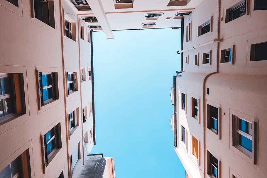 beige concrete building, architecture, looking up, blue, sky HD wallpaper
