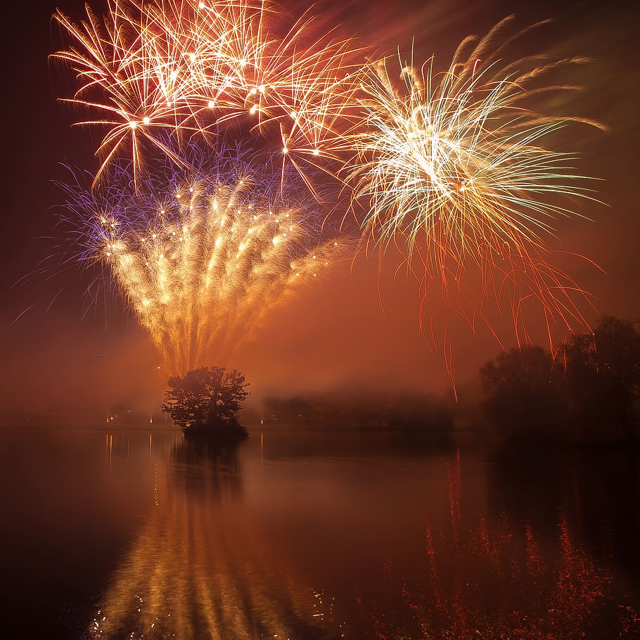 fireworks during daytime, celebration, water, night, illuminated HD wallpaper