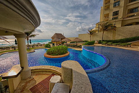 Scenic View of the Swimming Pool, architecture, beach chairs HD wallpaper