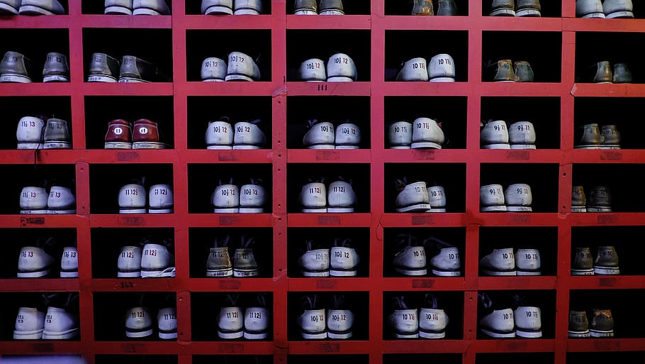 assorted-color sneakers, shelf, in a row, large group of objects HD wallpaper