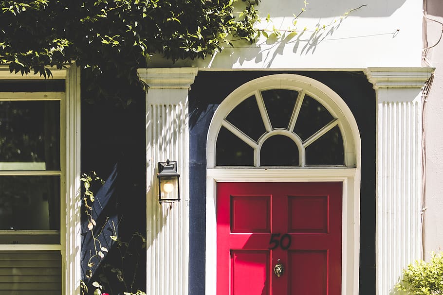closed red door beside sconce, london, notting hill, building HD wallpaper
