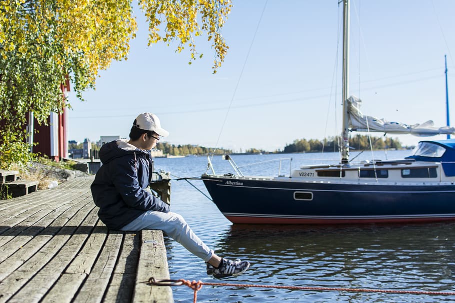 Person Sitting On Dock, boy, daylight, harbor, sailboat, watercraft HD wallpaper